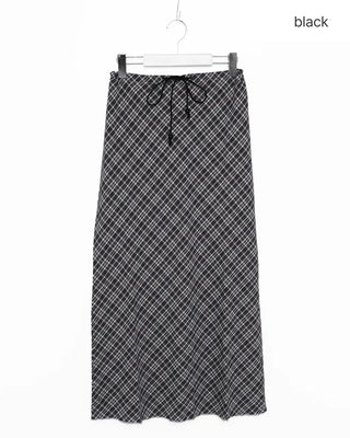 Waist string check long skirt