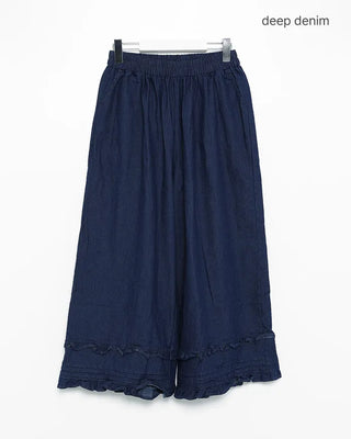 Frilled denim cotton wide-leg pants with elastic waistband