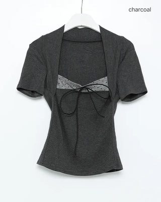 Polka Dot Front Ribbon Bolero Short-Sleeve T-Shirt