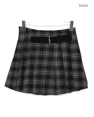 Square belt check pleated mini skirt