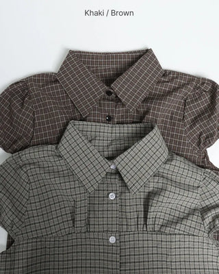 Puff-sleeve checkered blouse