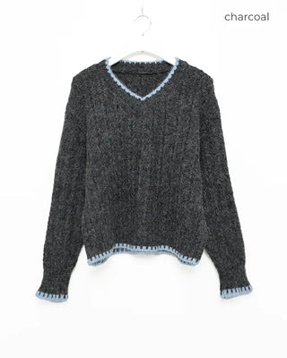 V-neck two-tone cable knit sweater
