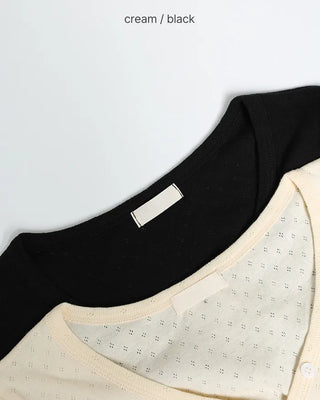 V-neck perforated button long-sleeve shirt