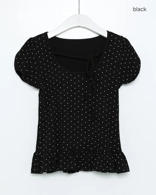Two-tone polka dot frill puff sleeve T-shirt
