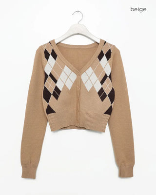 V-neck argyle crop cardigan