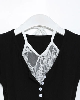 Lace-layered short-sleeved cardigan