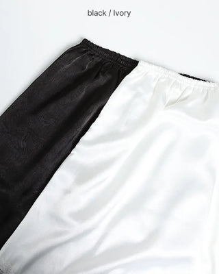 Satin lace detail midi skirt