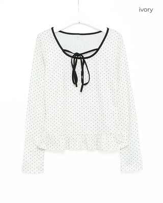 Ribbon Tie Dot Frill T-Shirt