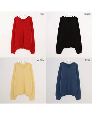 V-neck ribbed hem loose sweater