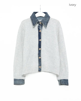Denim-colored neck knit cardigan