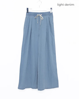 Denim wide-leg pants with elastic waistband and drawstring