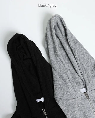 Rib-knit semi-cropped double-zip hoodie
