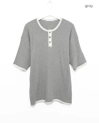 Henley neck waffle knit top