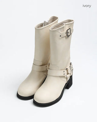 Round-toe biker mid-calf boots