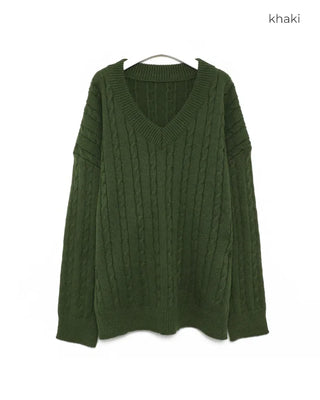 Cable knit oversized V-neck sweater