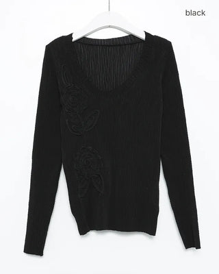 Glass Neck Flower Rib Pile Long T-Shirt