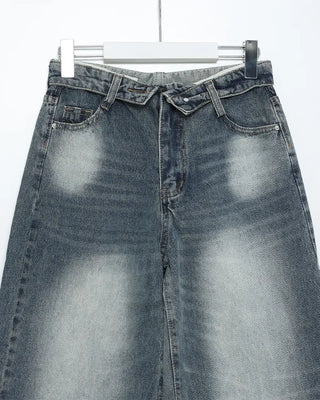 (Unisex) Fold Detail Washed Denim Pants