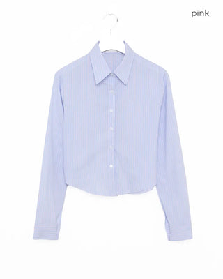 Round hem cropped slim striped shirt