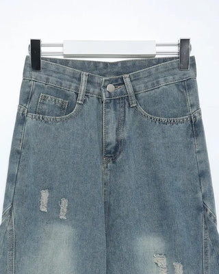 Washed distressed wide-leg denim pants