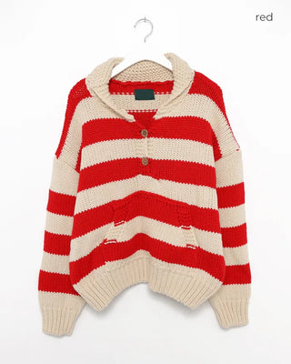 High-gauge knit polo neck wide striped sweater