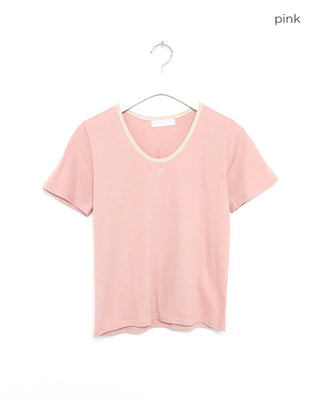 Two-tone neckline ribbon half T-shirt