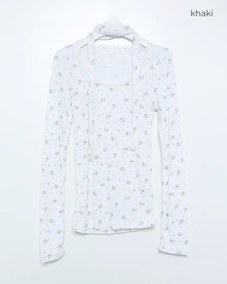 Tie-set lace jewel neck mini flower ribbed long T-shirt