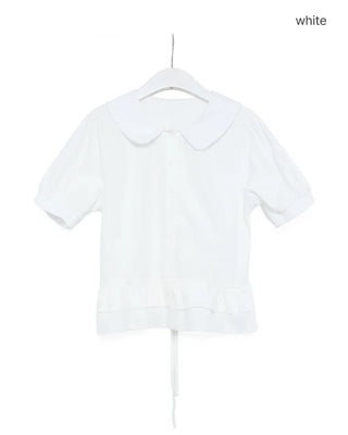 Stand-collar pleated short-sleeved blouse