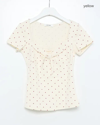 Lace trim polka dot front ribbon short-sleeved T-shirt
