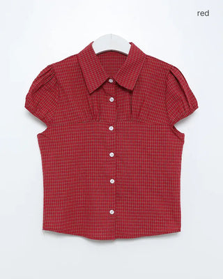 Checked shirred short-sleeved blouse
