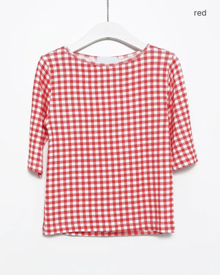 Gingham check boat neck 5/8 sleeve slim T-shirt