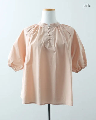 (ORIGINAL) Henley Neck Ribbon Balloon Blouse