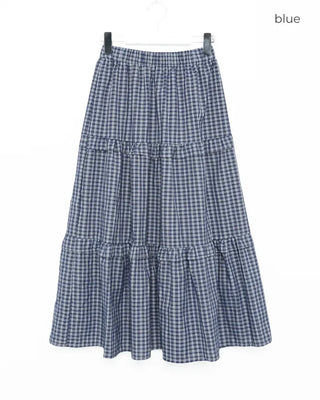 Checked tiered long skirt