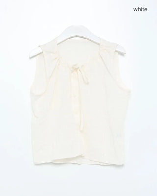 Checked ribbon gathered sleeveless blouse