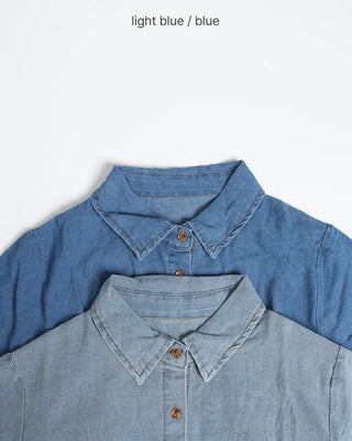 Denim Shirred Short-Sleeve Shirt