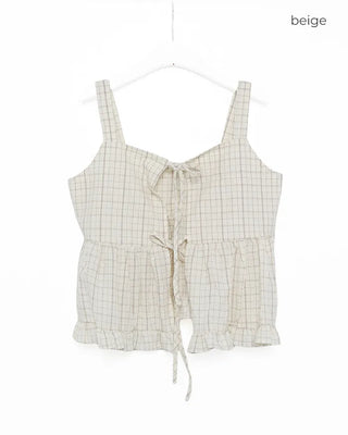 Checked ribbon sleeveless blouse