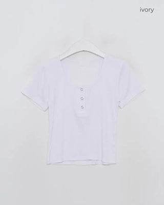 Button-down U-neck short-sleeved T-shirt