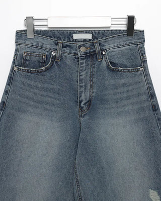 Studded distressed hem balloon denim pants