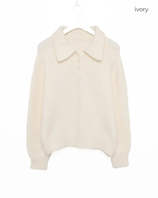 Button-collar long-sleeved knit