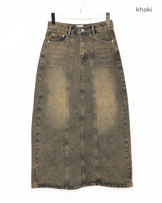 Slit-line long denim skirt