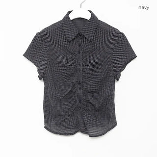 Cropped check shirred shirt