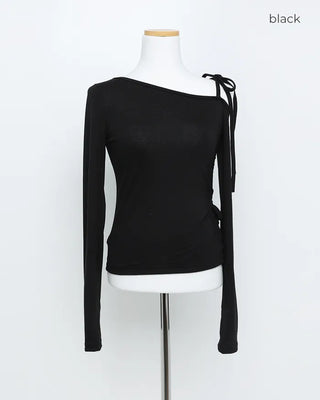 Asymmetrical Off-Shoulder Ribbon T-Shirt