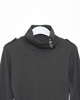 Button stand neck ribbed slim long T-shirt