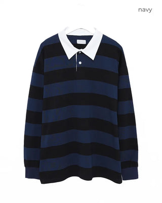 (Unisex) Wide Border Polo Neck Long T-Shirt