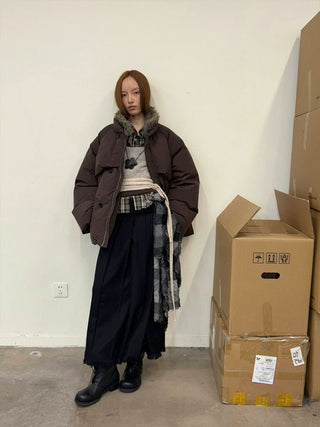 [NEVERSEEZ] Spliced Detachable Fur Collar Down Jacket