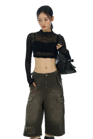[moromoro2] Elastic Lace Crop Top