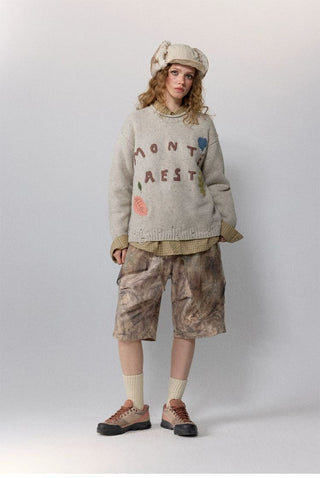 [Monterest] Distressed Crewneck Embroidered Sweater
