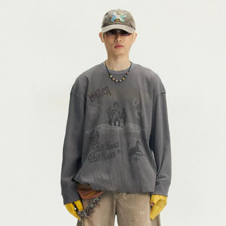 [Monterest] Waffle Weave Washed Print Long Sleeve Tee