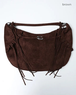 Frilled fringe suede hobo bag