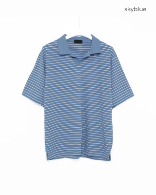 (Unisex) Striped Open Collar Short Sleeve T-Shirt