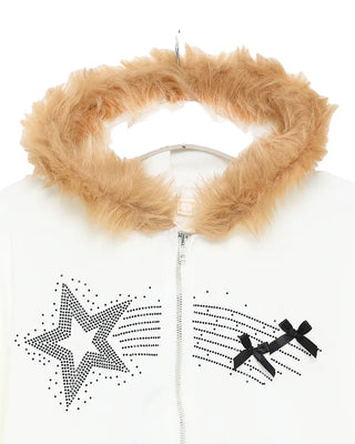 Ribbon Shooting Star Double Zip Fur Hoodie